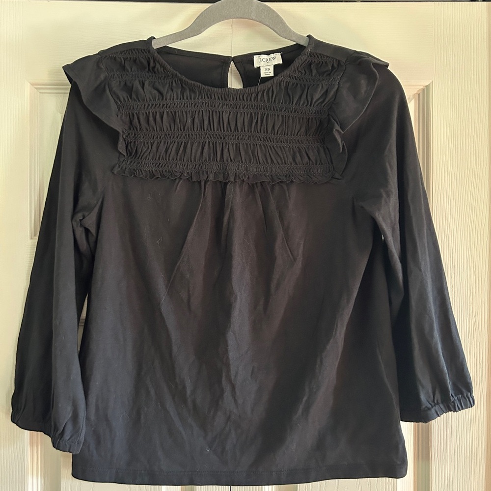 J Crew Top Smocked Ruffle Shoulder Long Sleeve Blouse Black Women’s Size XS NWT